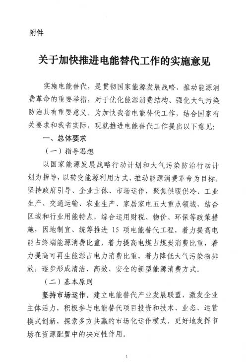 关于加快推进电能替代工作的实施意见（第一页）